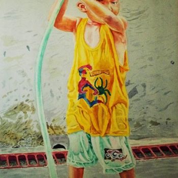 Schilderij getiteld "Child with the hose…" door Anoy, Origineel Kunstwerk