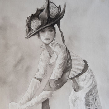 Painting titled "La dame au chapeau.…" by Philippe Anselme, Original Artwork, Ink Mounted on Cardboard