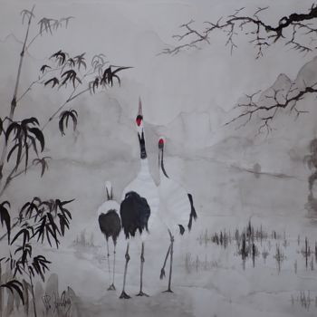 Painting titled "Grues du Japon dans…" by Philippe Anselme, Original Artwork, Ink Mounted on Other rigid panel
