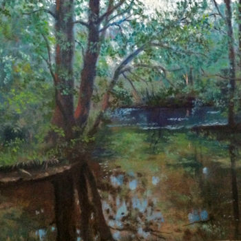 Pittura intitolato "Forest lake" da Yuriy Piskunov, Opera d'arte originale, Olio Montato su Cartone