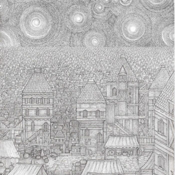 「Old market」というタイトルの描画 Antoine Aizierによって, オリジナルのアートワーク, インク