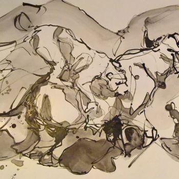 Peinture intitulée "buffle contre lionn…" par Antoine Faure, Œuvre d'art originale, Encre