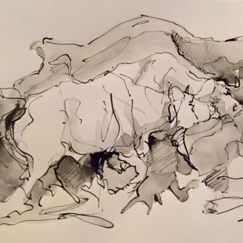 Картина под названием "Etude de buffles 38" - Antoine Faure, Подлинное произведение искусства, Чернила