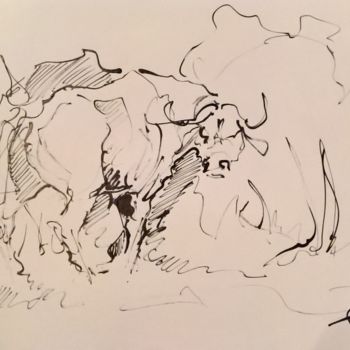 Painting titled "Buffle à l'affût 73" by Antoine Faure, Original Artwork, Ink