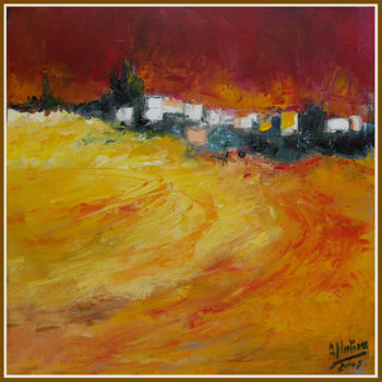 Painting titled "village-a-l-horizon…" by Antoine Martinez, Original Artwork, Oil