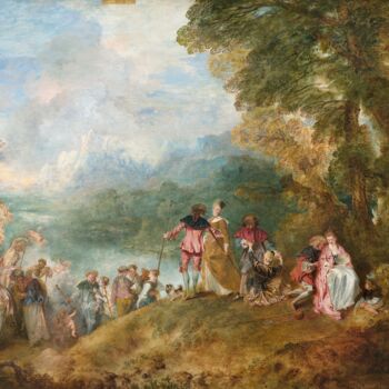 Schilderij getiteld "L'embarquement pour…" door Antoine Watteau, Origineel Kunstwerk, Olie