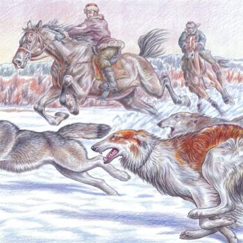 Картина под названием "«Охота на волка с р…" - Антон Шкурко, Подлинное произведение искусства, Цветные карандаши