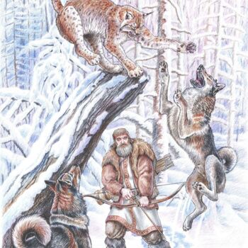 Картина под названием ""Охота на рысь"" - Антон Шкурко, Подлинное произведение искусства, Цветные карандаши