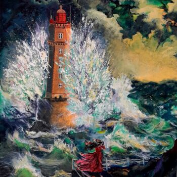 Painting titled "mer, tempête, phare" by Anton Zapotochnyi, Original Artwork, Acrylic Mounted on Wood Stretcher frame