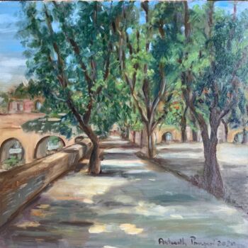 Painting titled "Il Viale" by Antonella Prosperi, Original Artwork, Oil Mounted on Wood Stretcher frame