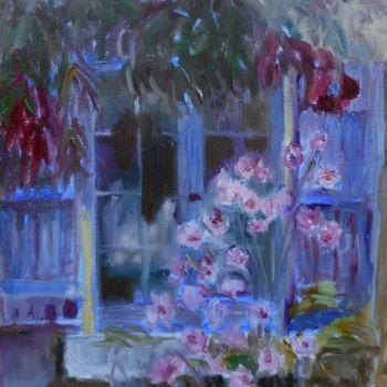 Peinture intitulée "Fenêtre bleu avec f…" par Antonia Ney, Œuvre d'art originale, Huile
