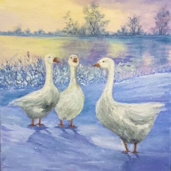 Peinture intitulée "Winter Geese Origin…" par Antonina Dunaeva, Œuvre d'art originale, Huile