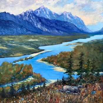 Painting titled "Mountains River Lan…" by Antonina Dunaeva, Original Artwork, Oil