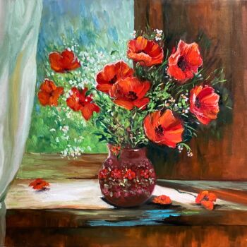 Painting titled "Poppies at Window N…" by Antonina Dunaeva, Original Artwork, Oil