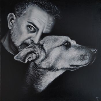 Painting titled "The men and his dog" by Antonina Leshchenko, Original Artwork, Oil