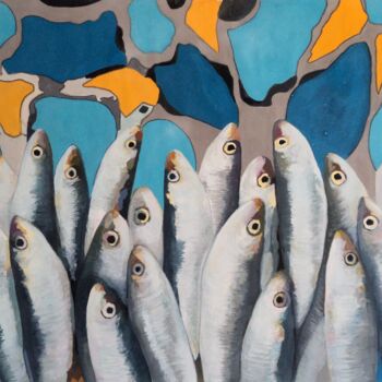 Картина под названием "Peces sobre mosaico" - Antonio Abril, Подлинное произведение искусства, Темпера