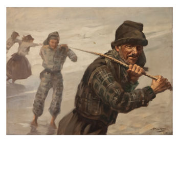 Painting titled "Os pescadores" by António Batalha, Original Artwork, Oil Mounted on Wood Panel