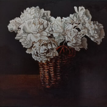 Pittura intitolato "cesto con fiori bia…" da Antonio Cantiello, Opera d'arte originale, Olio