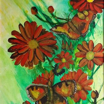 Картина под названием "fiori e farfalle" - Antonio Cariola, Подлинное произведение искусства, Акварель