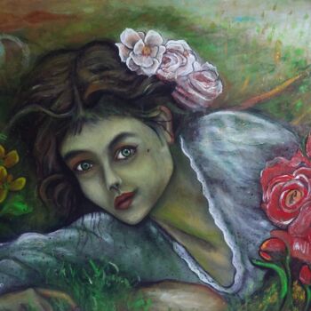Pittura intitolato "la ragazza delle ro…" da Antonio Cariola, Opera d'arte originale, Olio