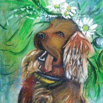 Painting titled "il cane con i fiori" by Antonio Cariola, Original Artwork, Oil