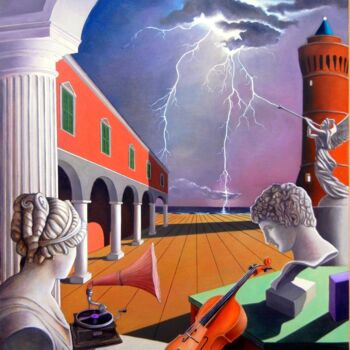Painting titled "Notte di sogni e di…" by Antonio Pirozzi, Original Artwork, Oil Mounted on Wood Panel