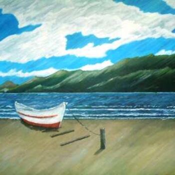 Painting titled "Ancorado na praia" by J.A, Original Artwork, Oil