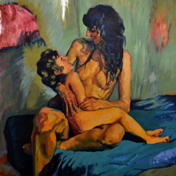 Painting titled "mère et fils" by Antonio Jaenada, Original Artwork, Oil Mounted on Wood Panel