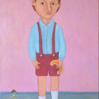 Painting titled "Мальчик с бубликом." by Roman Antonov, Original Artwork, Oil Mounted on Wood Stretcher frame