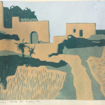 「Landscape Malta」というタイトルの製版 Antony De Baatによって, オリジナルのアートワーク, Linocuts