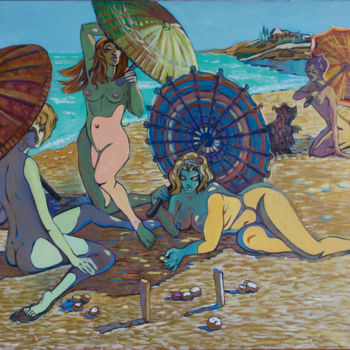 Pintura intitulada "Девушки с зонтиками…" por Ekaterina Antropova, Obras de arte originais, Óleo