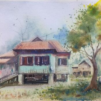 Картина под названием "Village in North Ea…" - Anubhuti Das, Подлинное произведение искусства, Акварель