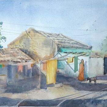 Painting titled "Rajasthani Village" by Anubhuti Das, Original Artwork, Watercolor