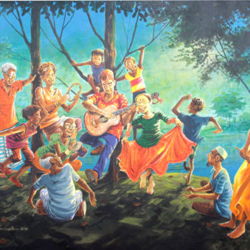 Painting titled "We all Sing One Song" by Anura Srinath, Original Artwork, Acrylic Mounted on Wood Stretcher frame