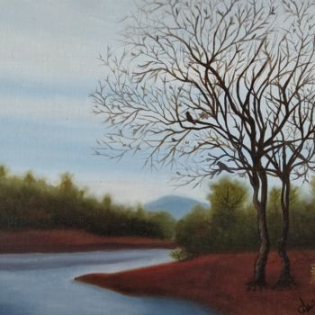 Painting titled "Lone tree by waters…" by Ak, Original Artwork, Oil