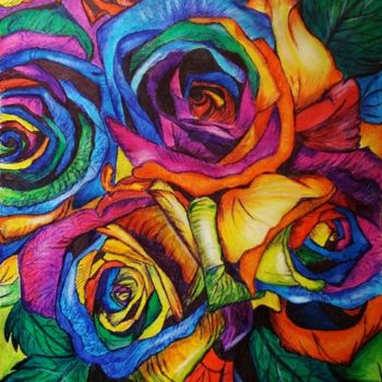 Painting titled "Rainbow Roses" by Anusree Palit Palit, Original Artwork, Pastel