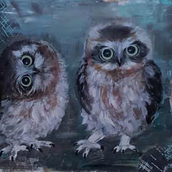 Peinture intitulée "Funny owl's babies" par Anya Komaristaia-Dumouchel, Œuvre d'art originale, Acrylique