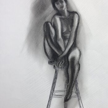 Рисунок под названием "Young woman on stool" - Anyck Alvarez Kerloch, Подлинное произведение искусства, Древесный уголь