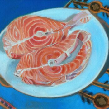 Painting titled "Salmon for Lunch" by Anyck Alvarez Kerloch, Original Artwork, Acrylic Mounted on Wood Stretcher frame