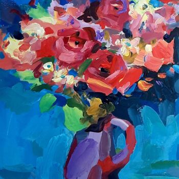 Painting titled "Цветы на синем фоне" by Anzelika Kondracionova, Original Artwork, Acrylic
