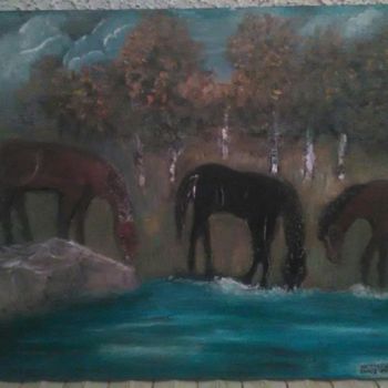 Painting titled "Les chevaux" by Taous Hammouche, Original Artwork, Oil