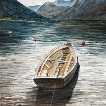 Schilderij getiteld "A Boat at Lake Cuomo" door Aprajita Lal, Origineel Kunstwerk, Aquarel
