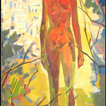 Painting titled "Walking (From the "…" by Aharon Aaron April April, Original Artwork, Oil Mounted on Wood Stretcher frame