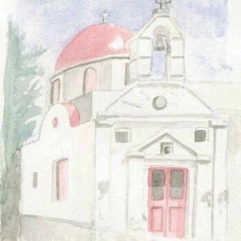 Ζωγραφική με τίτλο "0007 Eglise Mykonos" από Aquarelles-Alain, Αυθεντικά έργα τέχνης, Λάδι