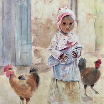 Painting titled "Les poulettes" by Joël Bérard, Original Artwork, Watercolor