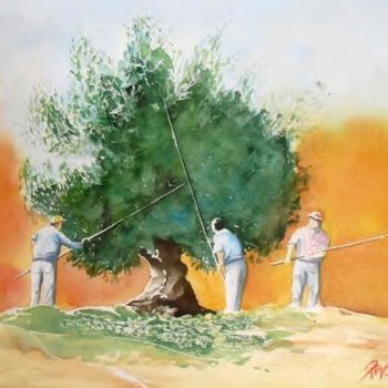 Pittura intitolato "cueillette des oliv…" da Paco Cabrera, Opera d'arte originale