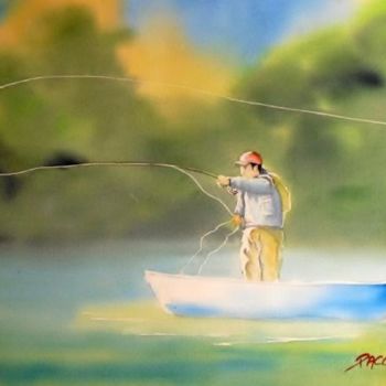 Pittura intitolato "pêcheur a la mouche" da Paco Cabrera, Opera d'arte originale