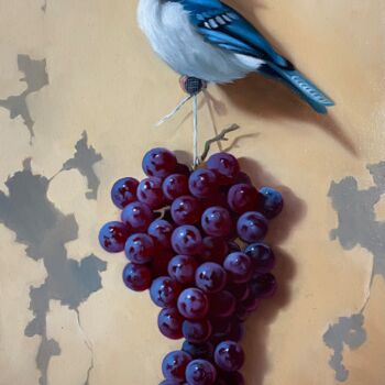 Painting titled "Still life with bir…" by Ara Gasparyan, Original Artwork, Oil Mounted on Wood Stretcher frame