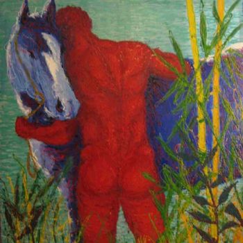 Pintura titulada "HOMBRE ROJO CABALLO…" por Aramburu, Obra de arte original