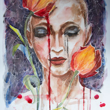 Painting titled "Now tulips are harm…" by Beybuka, Original Artwork, Watercolor